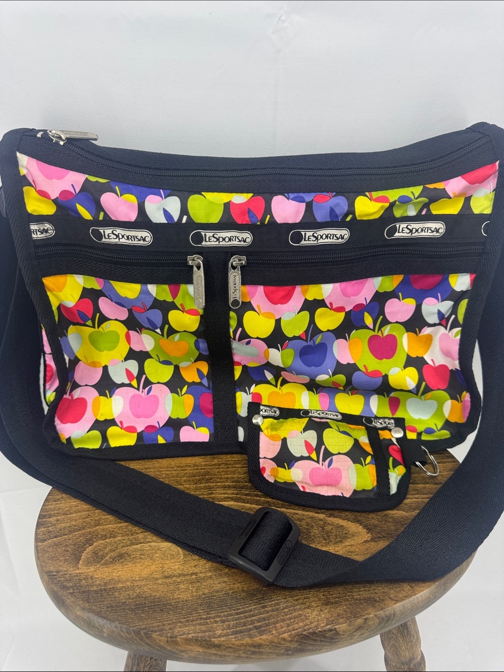 LeSportSac Expandable Shoulder Bag & Coin Purse Black w/ Colorful Apple Print